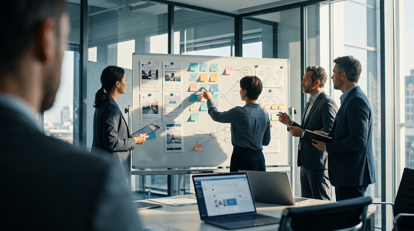 A content strategy team maps AI voice calibration feedback on a whiteboard