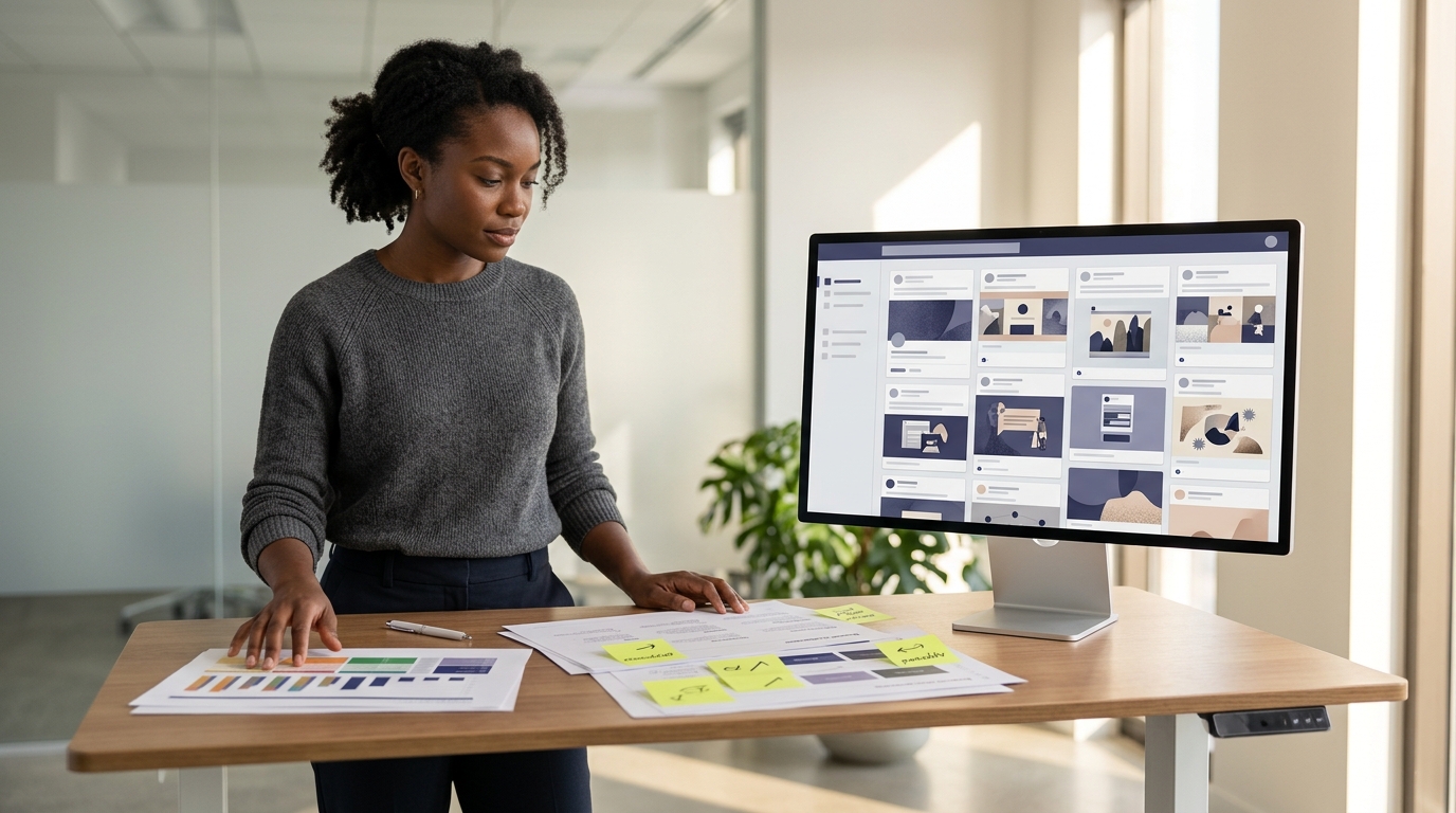 A brand manager at a standing desk reviewing a side-by-side comparison of employee social media posts on a dual-monitor setup