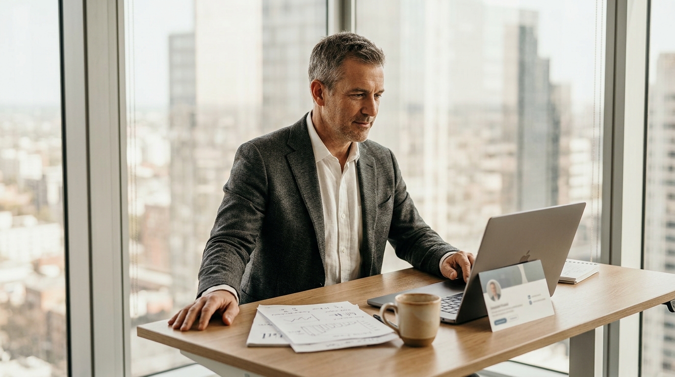 A founder or senior executive in a modern office, seated at a desk with a laptop open, reviewing a LinkedIn post draft on scr