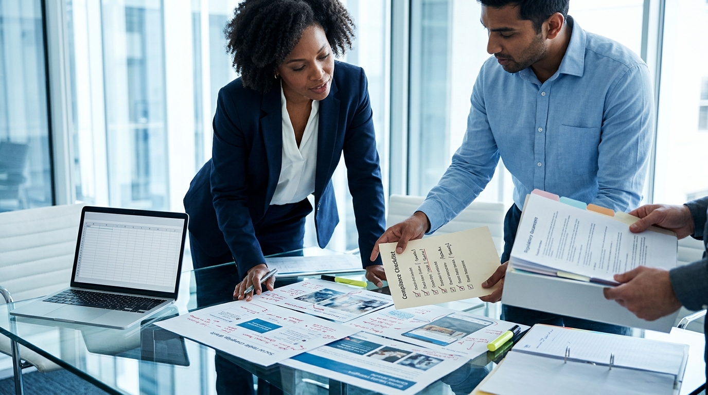 A corporate marketing team gathered around a conference table reviewing printed social media content drafts alongside a lapto