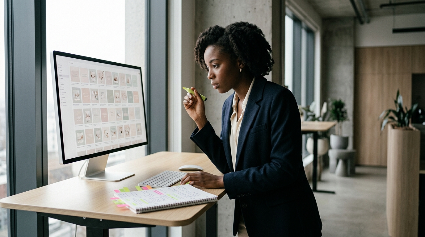 A marketing manager reviews social post drafts against brand voice guidelines on a large monitor