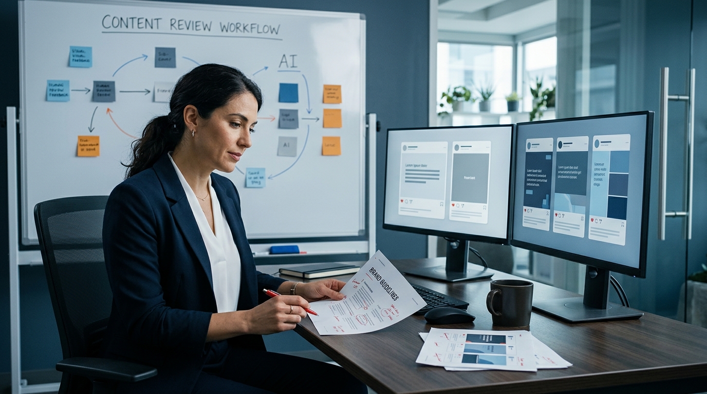 A marketing operations manager reviewing a side-by-side comparison of AI-generated social media posts and approved brand cont