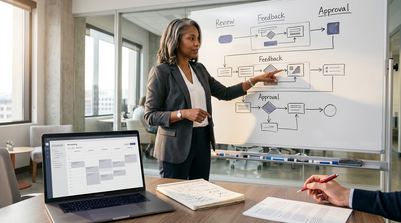 A marketing operations manager pointing to a whiteboard showing a three-tier content approval flowchart in a modern conferenc