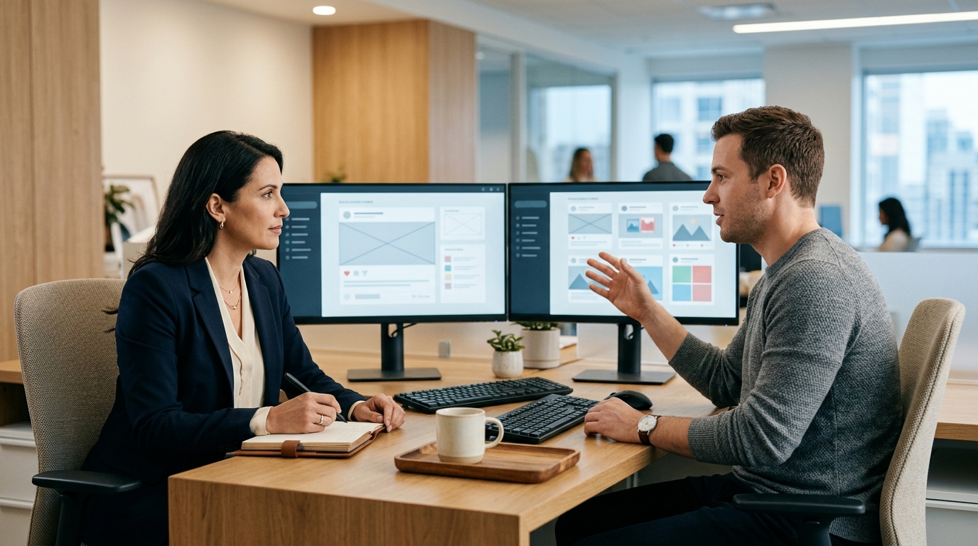 A compliance officer and a marketing manager reviewing flagged social media content side by side on dual monitors in a corpor