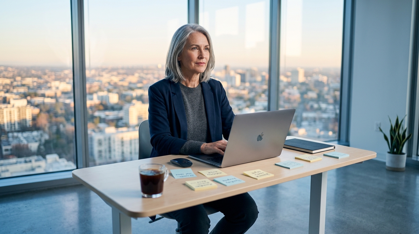 A senior executive in a modern office reviewing a draft social media post on a laptop, with a city skyline visible through fl