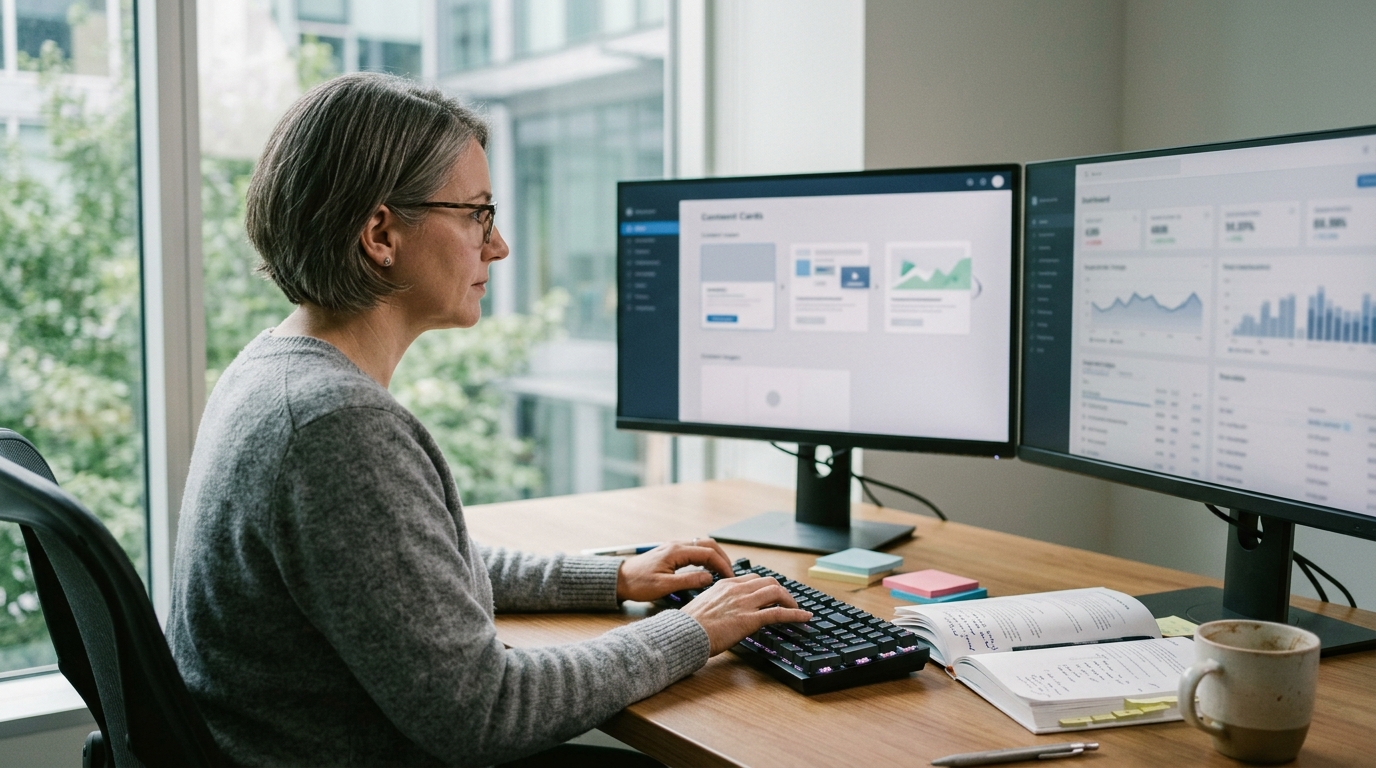 A marketing operations manager reviewing a queue of AI-generated social media drafts on a dual-monitor workstation, with a pr