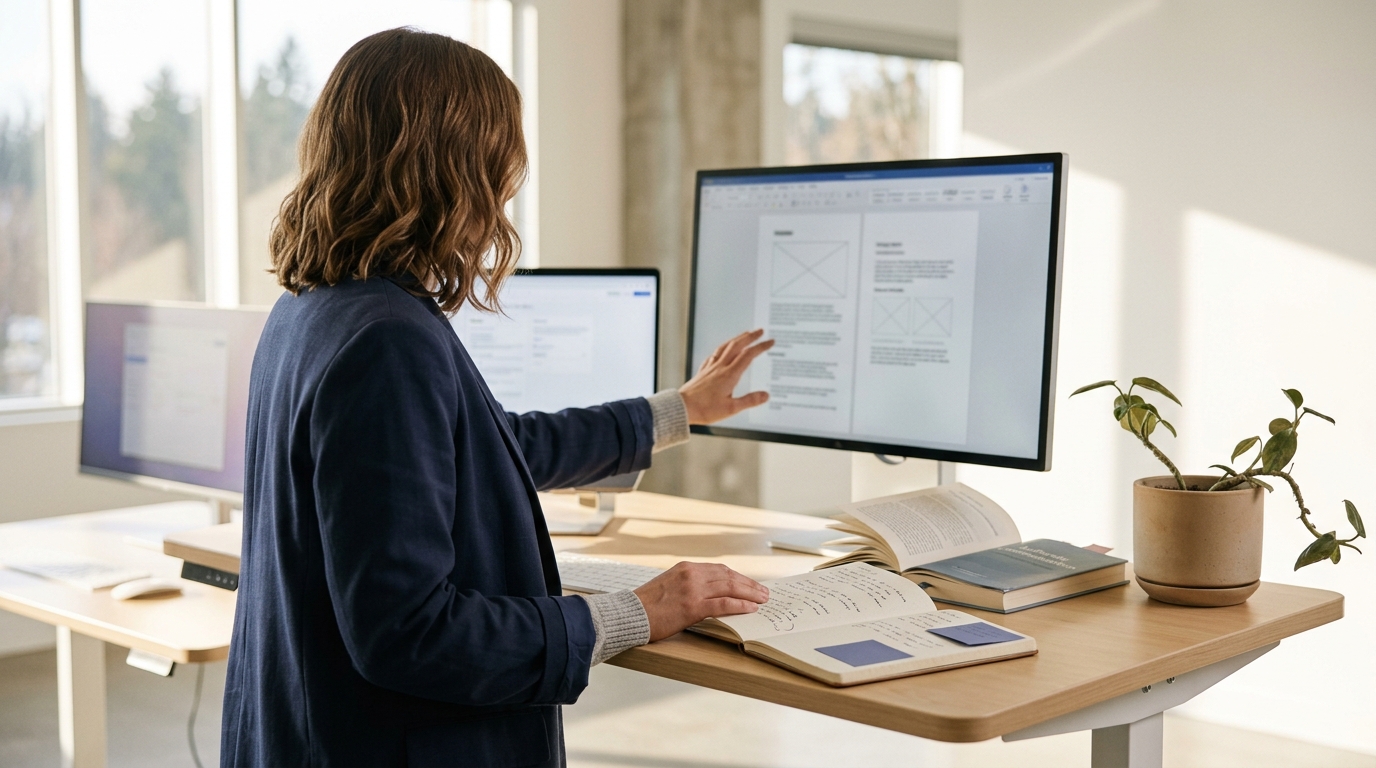 A professional services marketing manager working at a standing desk with dual monitors, one screen showing a social media sc