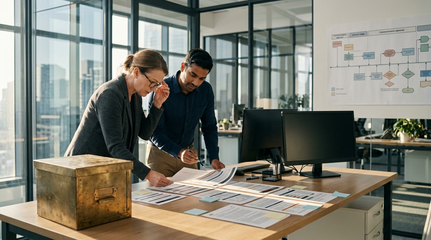A compliance officer and a marketing manager reviewing a social media approval queue on dual monitors in a financial services