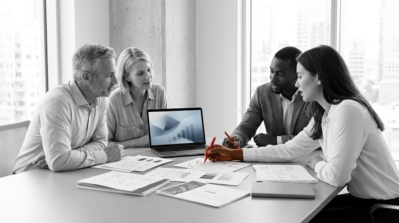 A cross-functional team gathered around a conference table with printed policy documents and a laptop showing a content appro