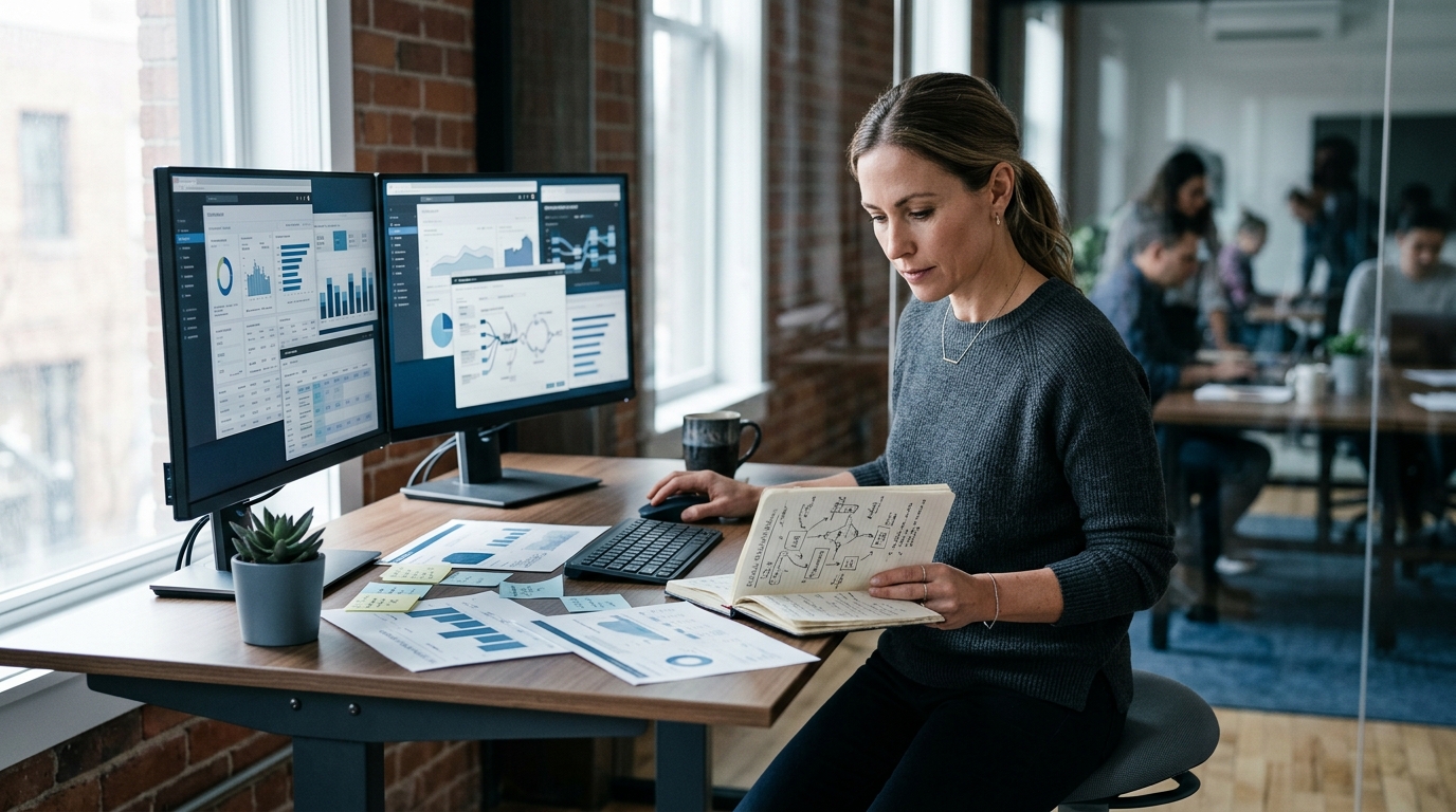 A B2B marketing analyst reviewing a layered dashboard showing social engagement data alongside CRM pipeline activity on dual