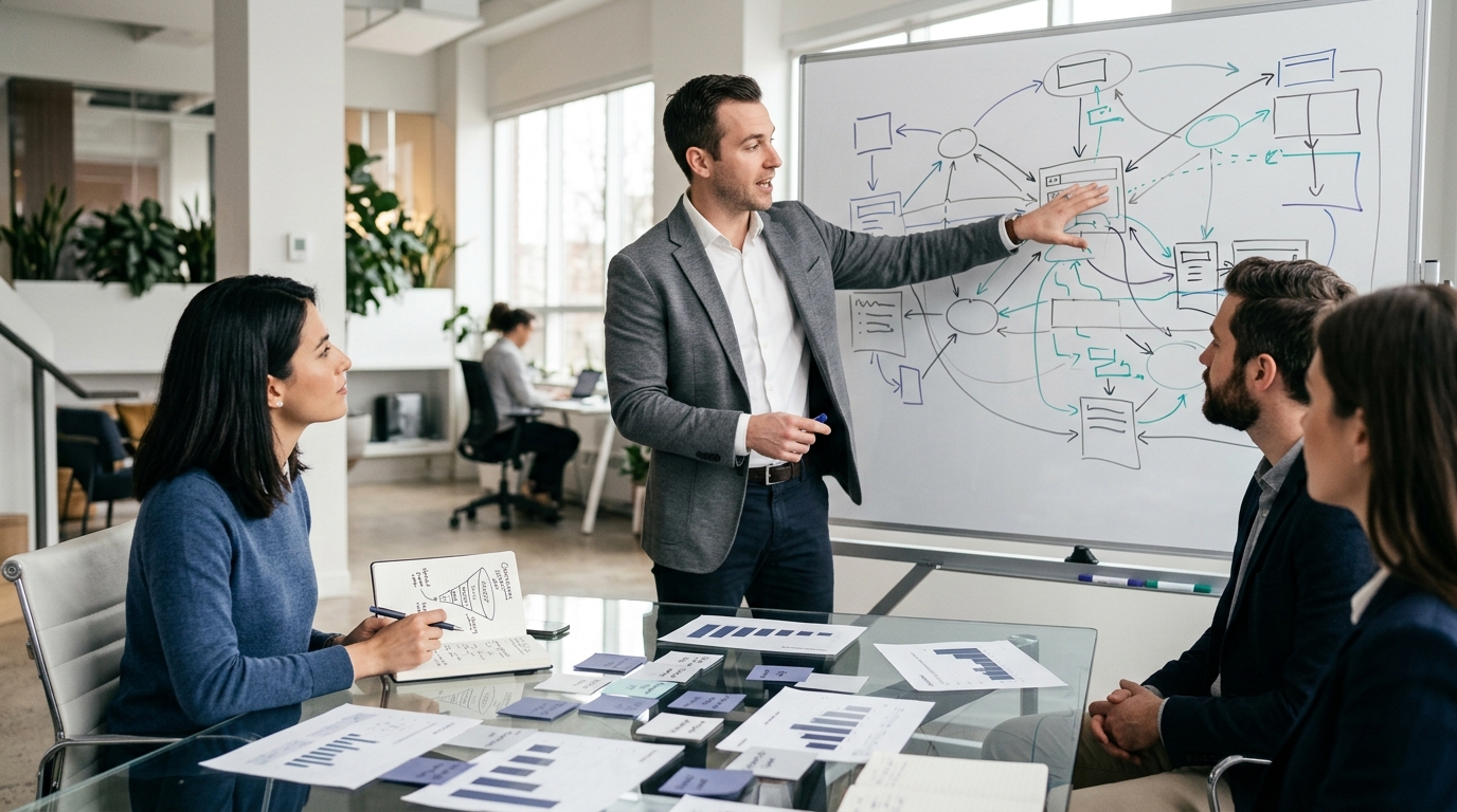 A marketing operations manager presenting a social media attribution framework on a whiteboard to a small team in a bright mo