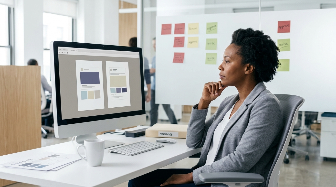 A brand manager in a professional office reviewing a side-by-side comparison of AI-generated social media post variants on a