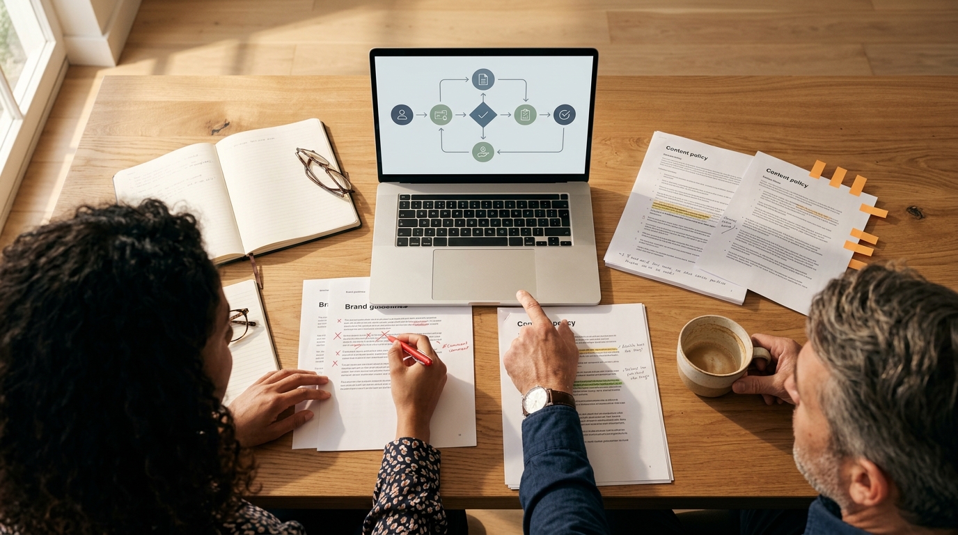 A compliance officer and a content strategist seated side by side at a conference table, reviewing a printed social media con