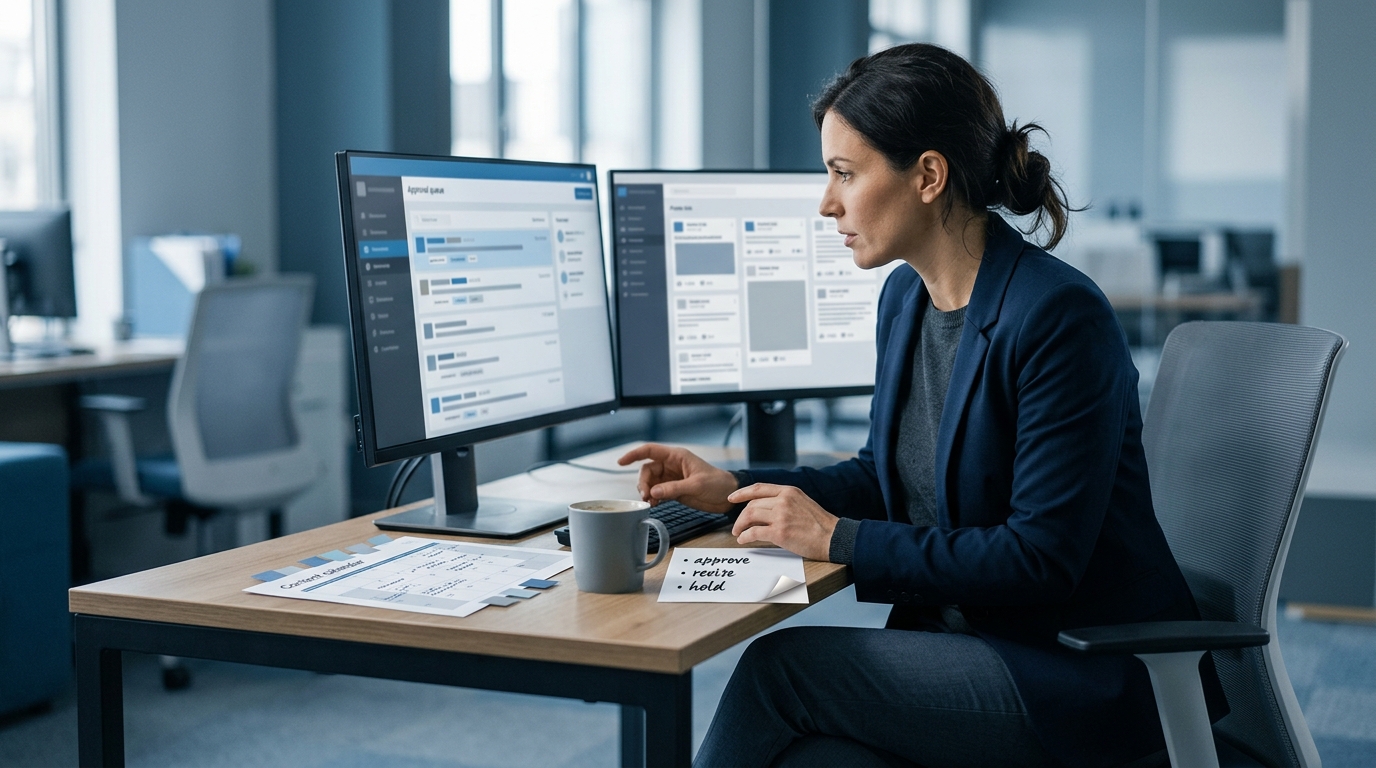 A corporate marketing manager reviewing an AI-generated social media approval queue on a desktop monitor in a clean, modern o