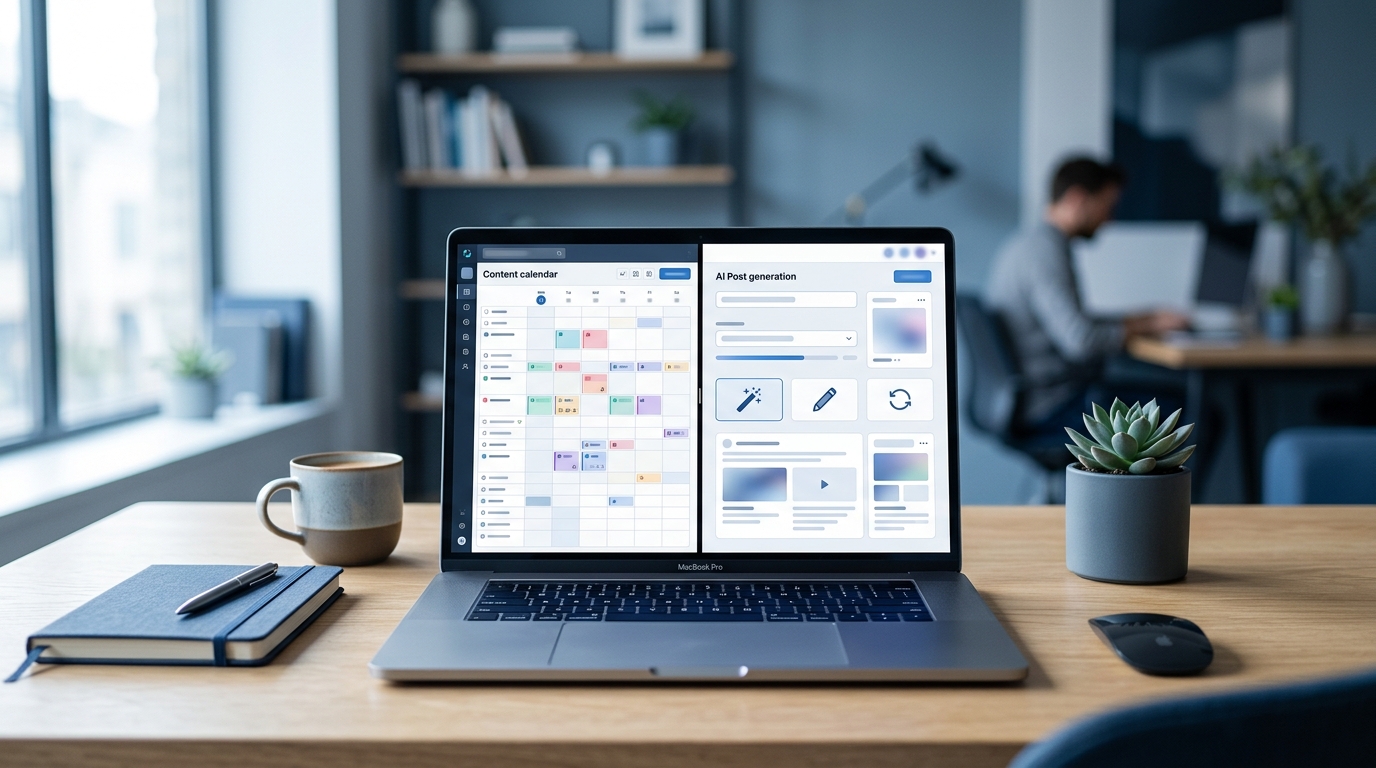 A split-screen view of a social media content calendar on one side and an AI post generation interface on the other, displaye