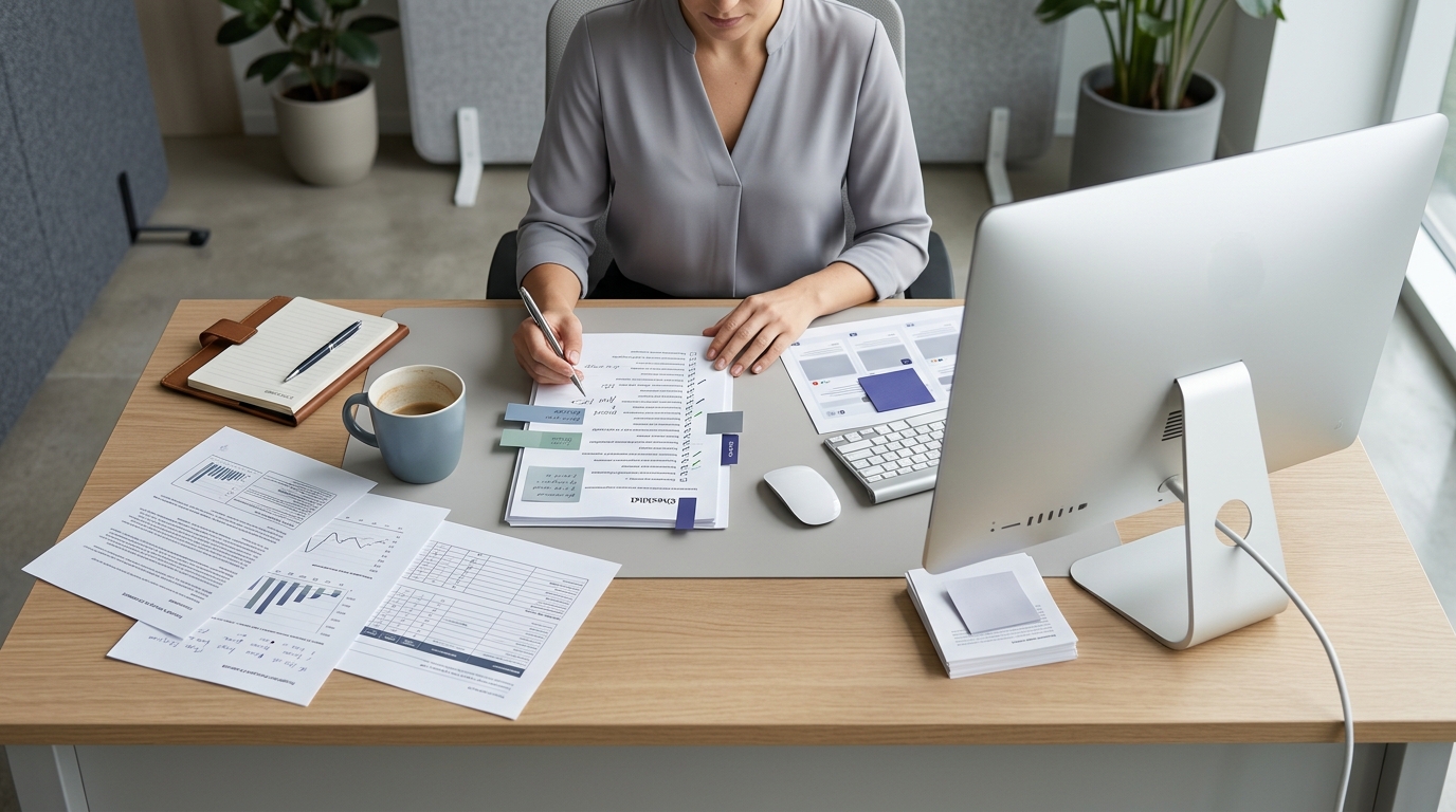 A marketing compliance specialist working through a printed brand safety checklist at a desk, with multiple browser tabs open