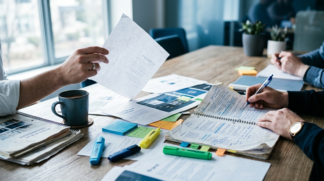 A content strategist and two marketing team members reviewing printed brand voice documentation spread across a large confere
