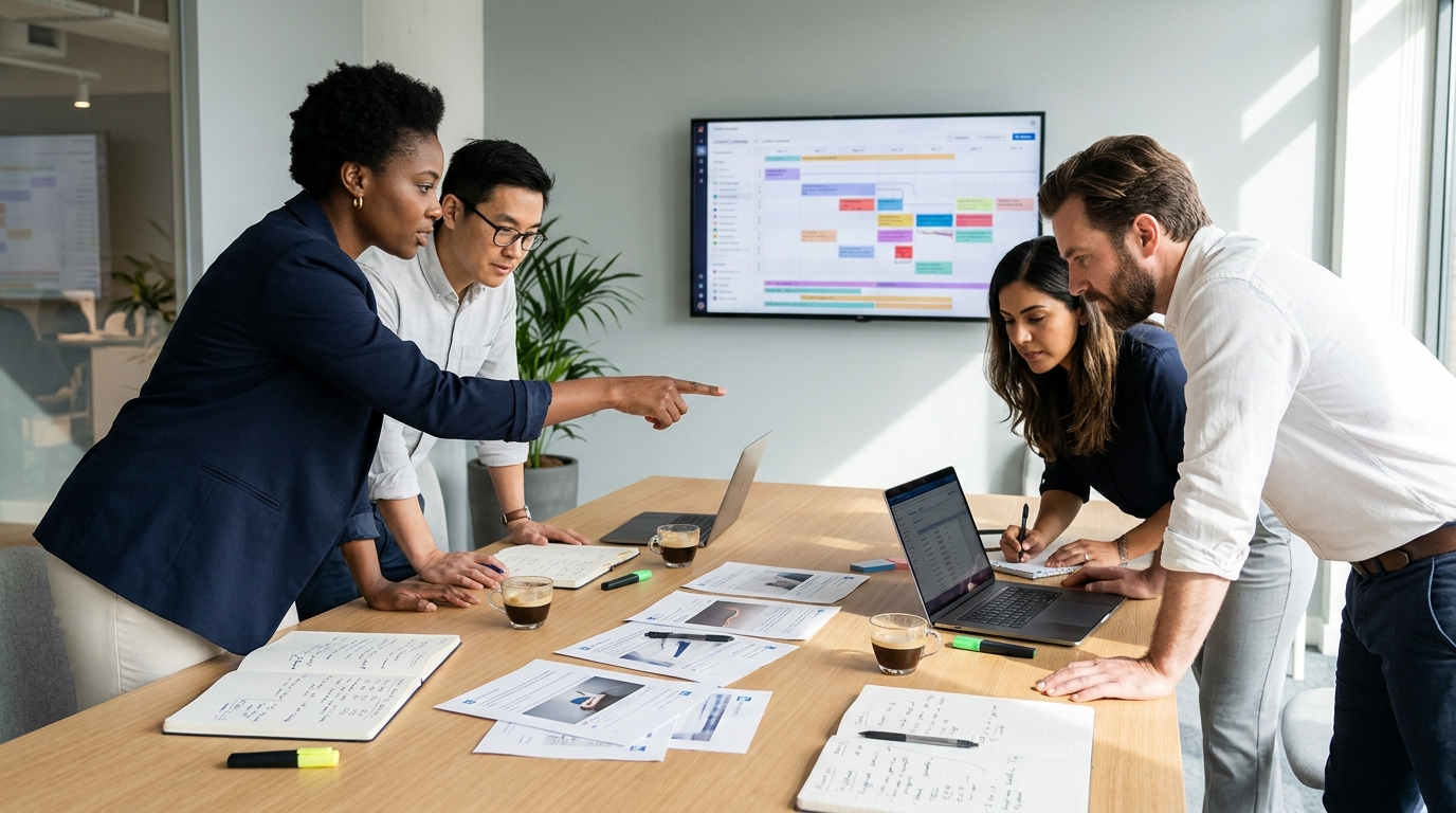 A marketing team gathered around a conference table in a bright modern office, reviewing printed LinkedIn post drafts and a c