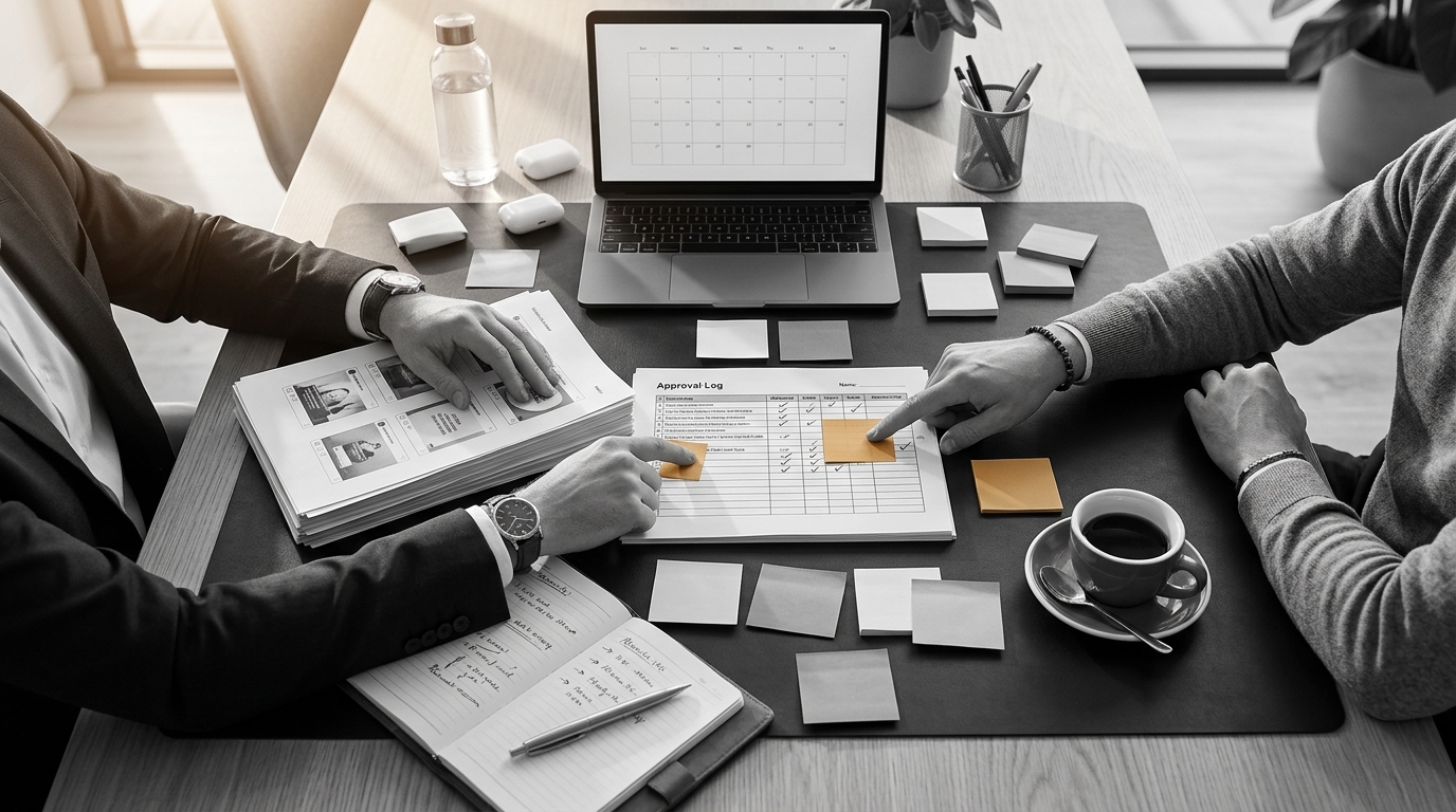 A compliance officer and a marketing manager reviewing a printed social media content approval log together at a conference t
