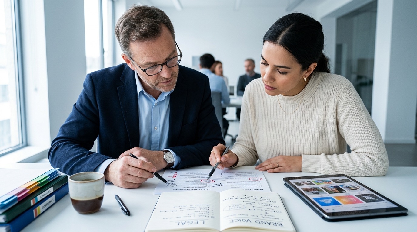 A compliance officer and a marketing manager seated side by side at a desk, reviewing social media posts on a monitor with a