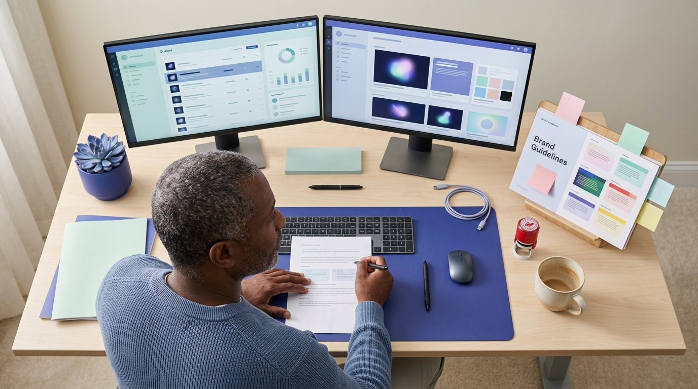 A marketing operations manager reviewing a content approval queue on a dual-monitor workstation, with a social media scheduli
