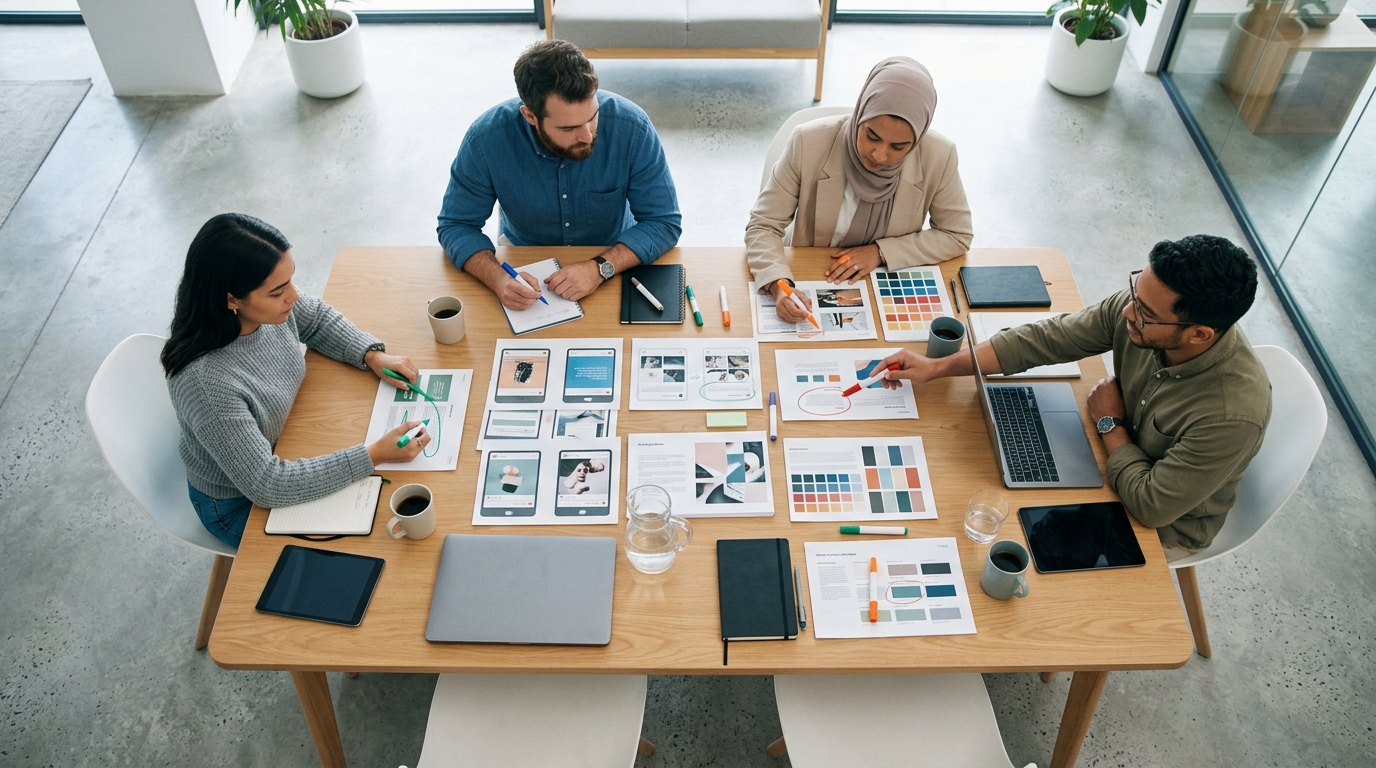 A marketing team gathered around a conference table covered with printed social media posts and brand guideline documents, an