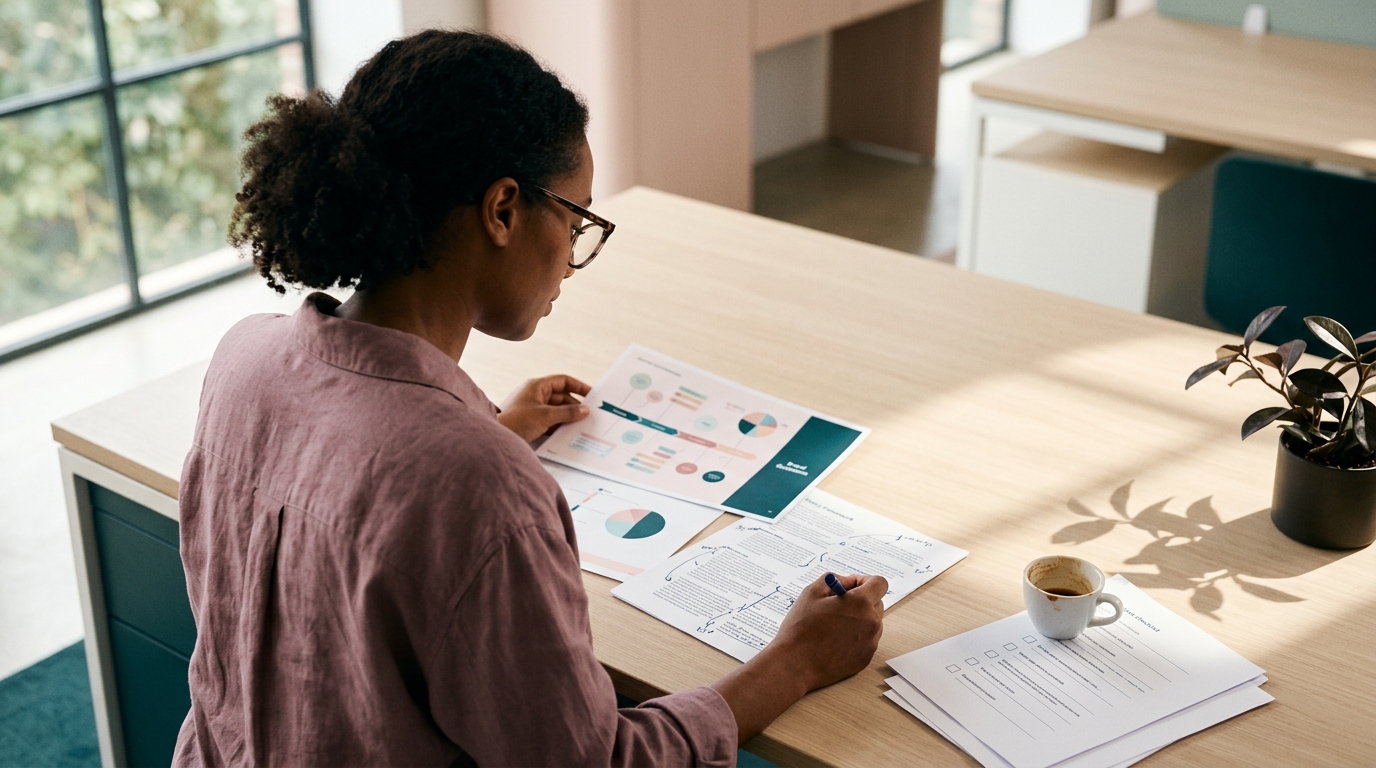 A marketing operations manager sitting at a dual-monitor workstation, reviewing two open documents side by side: a brand guid