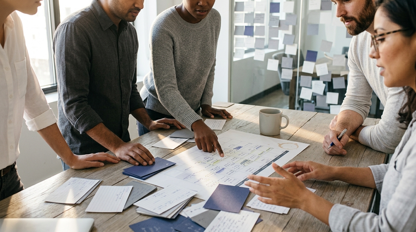 A marketing team in a glass-walled conference room collaborating around a shared screen showing a social media content calend