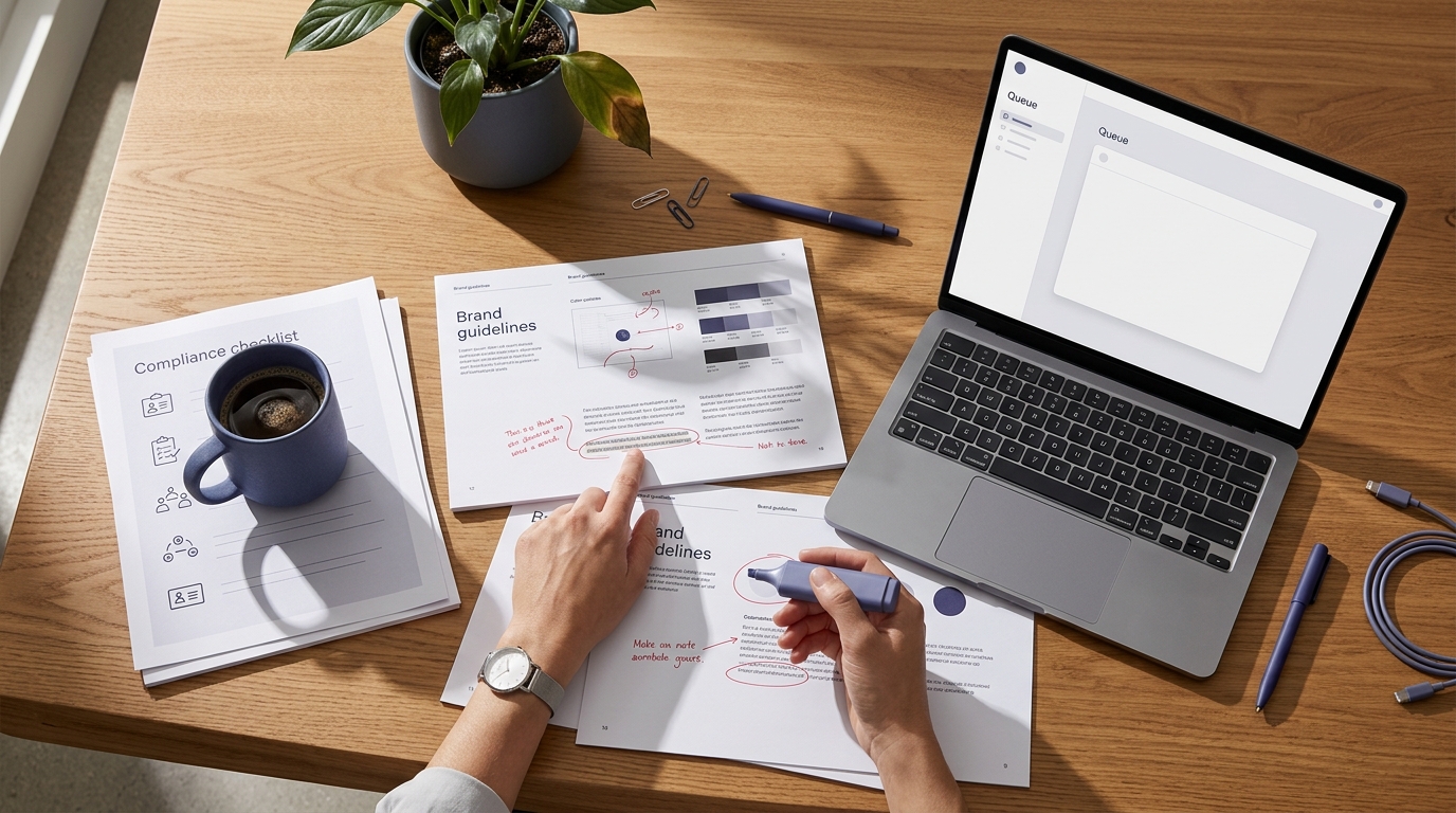 A marketing operations team in a conference room reviewing a printed brand voice guideline document alongside a laptop showin
