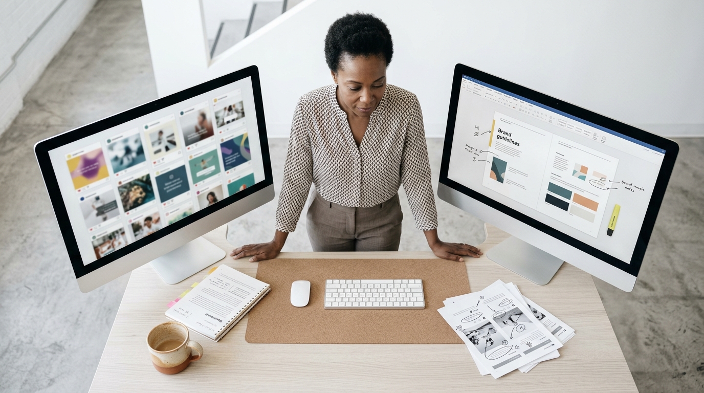 A brand manager at a standing desk reviewing a split-screen comparison of social media posts from different team contributors