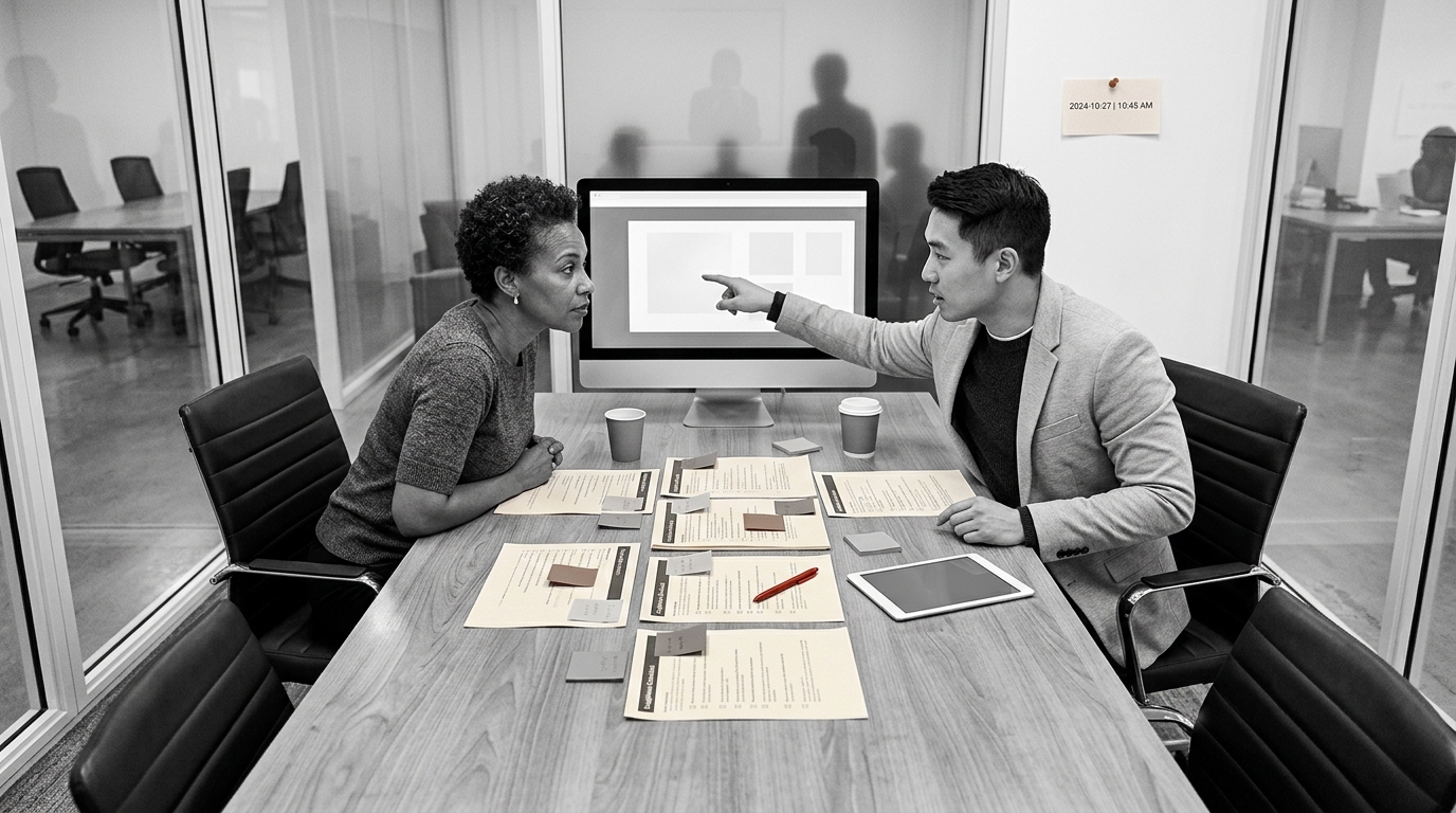 A compliance officer and a marketing manager reviewing a flagged social media post on a desktop screen in a glass-walled conf