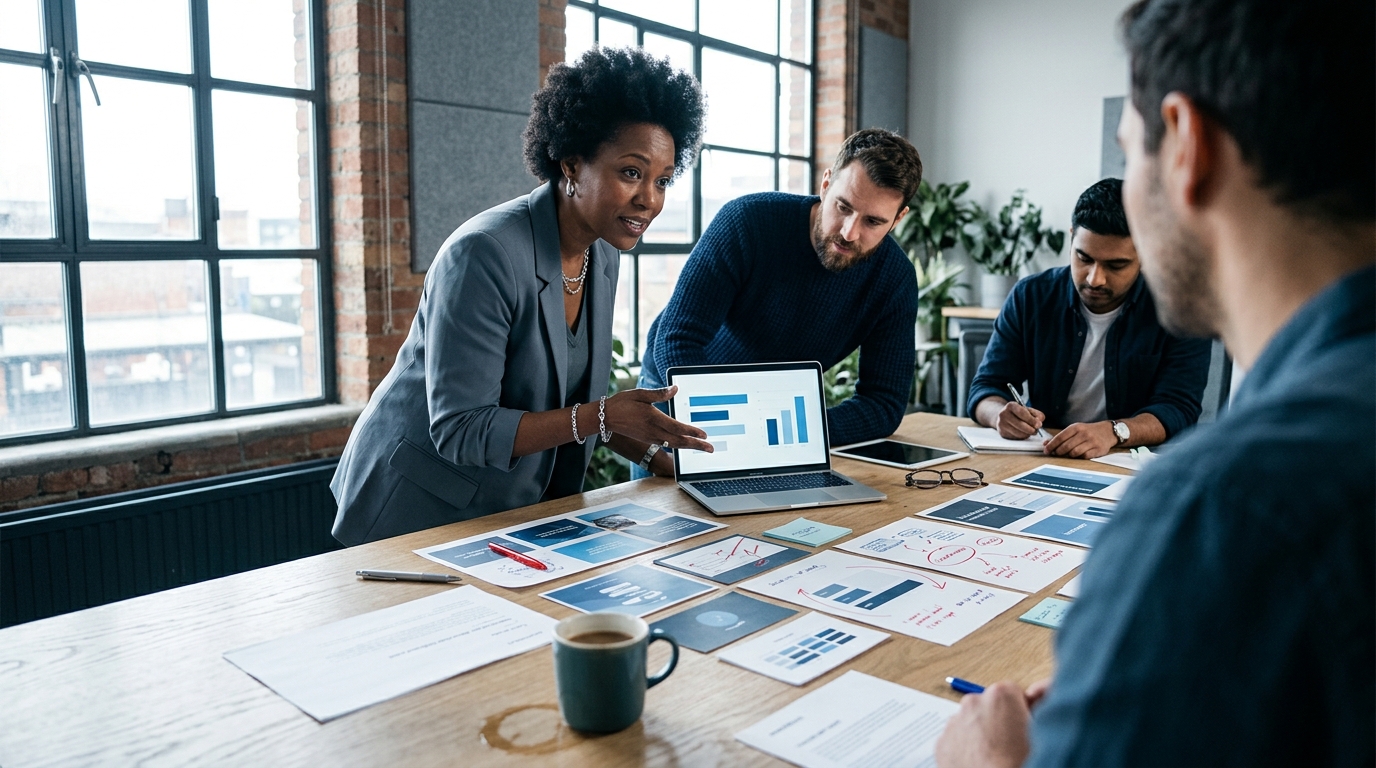 A marketing team gathered around a large conference table reviewing printed social media post examples and a laptop screen sh