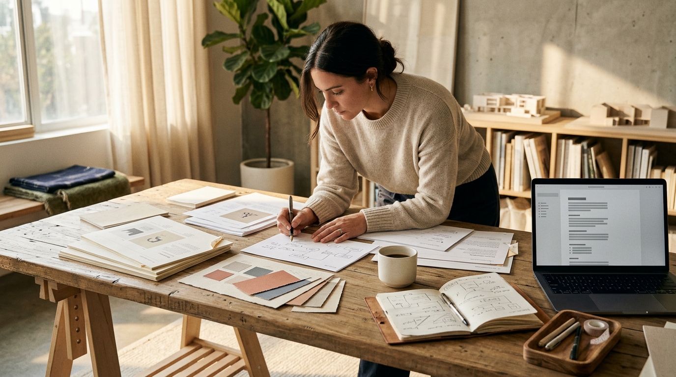 A marketing strategist sitting at a large desk surrounded by printed brand guidelines documents and a laptop displaying a tex