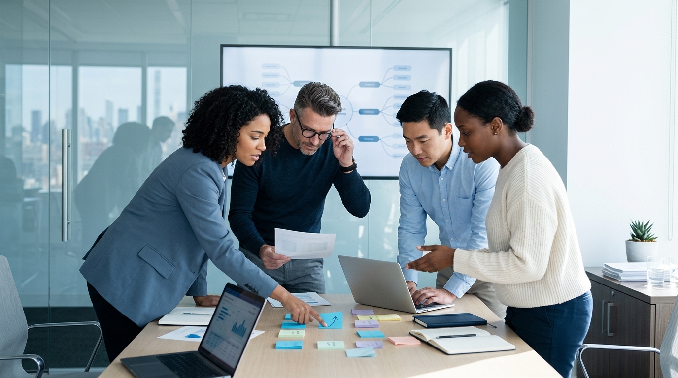 A marketing team in a modern conference room reviewing a shared content framework on a large wall-mounted display, with lapto