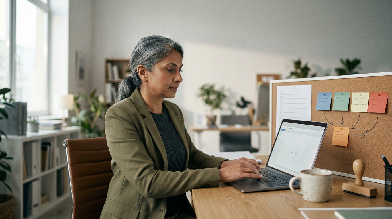 A marketing operations manager configuring a multi-stage content approval queue on a laptop, with a printed compliance checkl