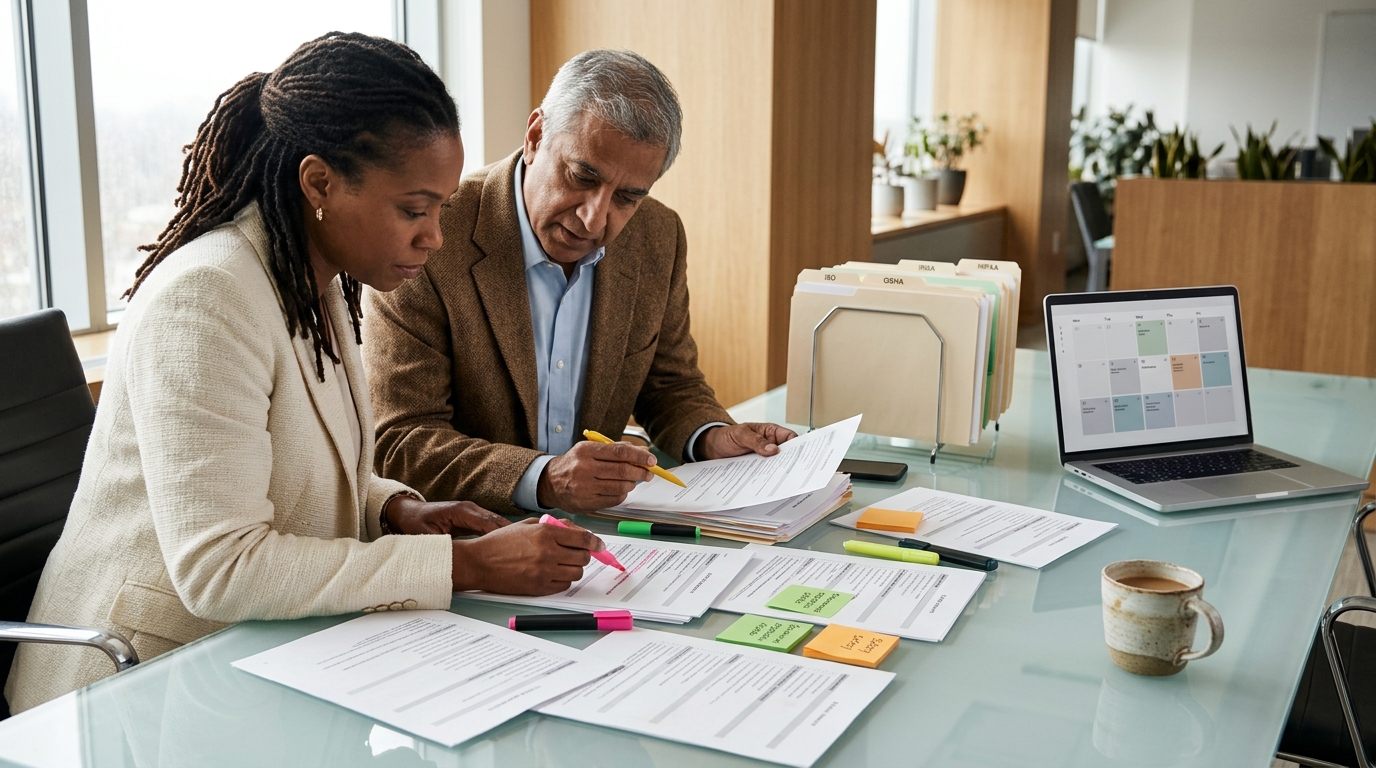 A financial services marketing team gathered around a conference table reviewing printed social media compliance checklists a