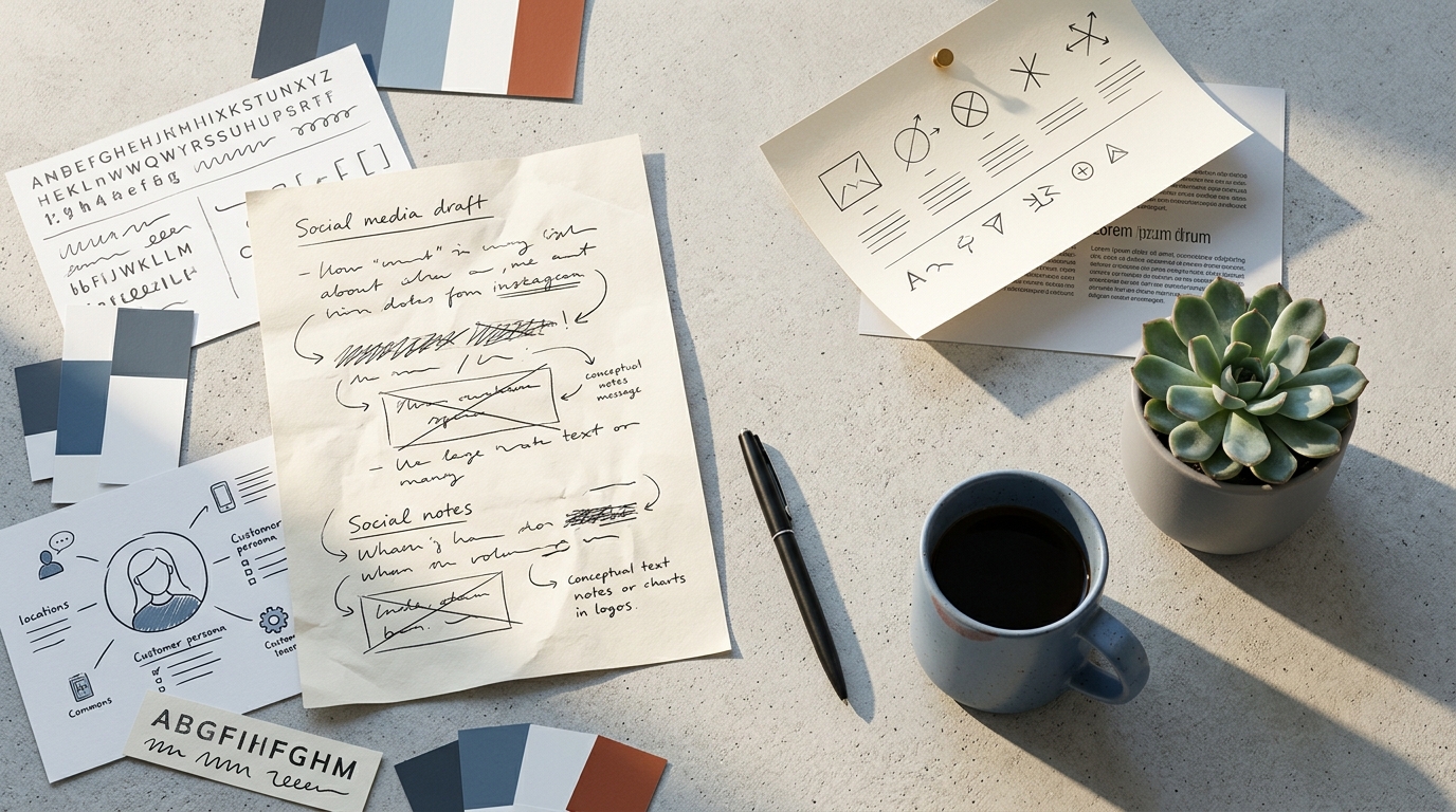 A B2B marketing team reviewing AI-generated social post drafts against brand voice guidelines